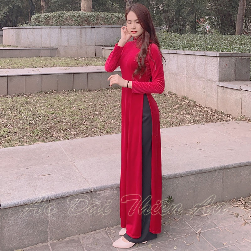 Áo Dài Truyền Thống nữ chất Nhung màu Đỏ Đô dáng xưa may sẵn Thiên An MS:AD05