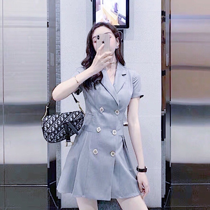 Đầm váy xám cổ vest xếp li