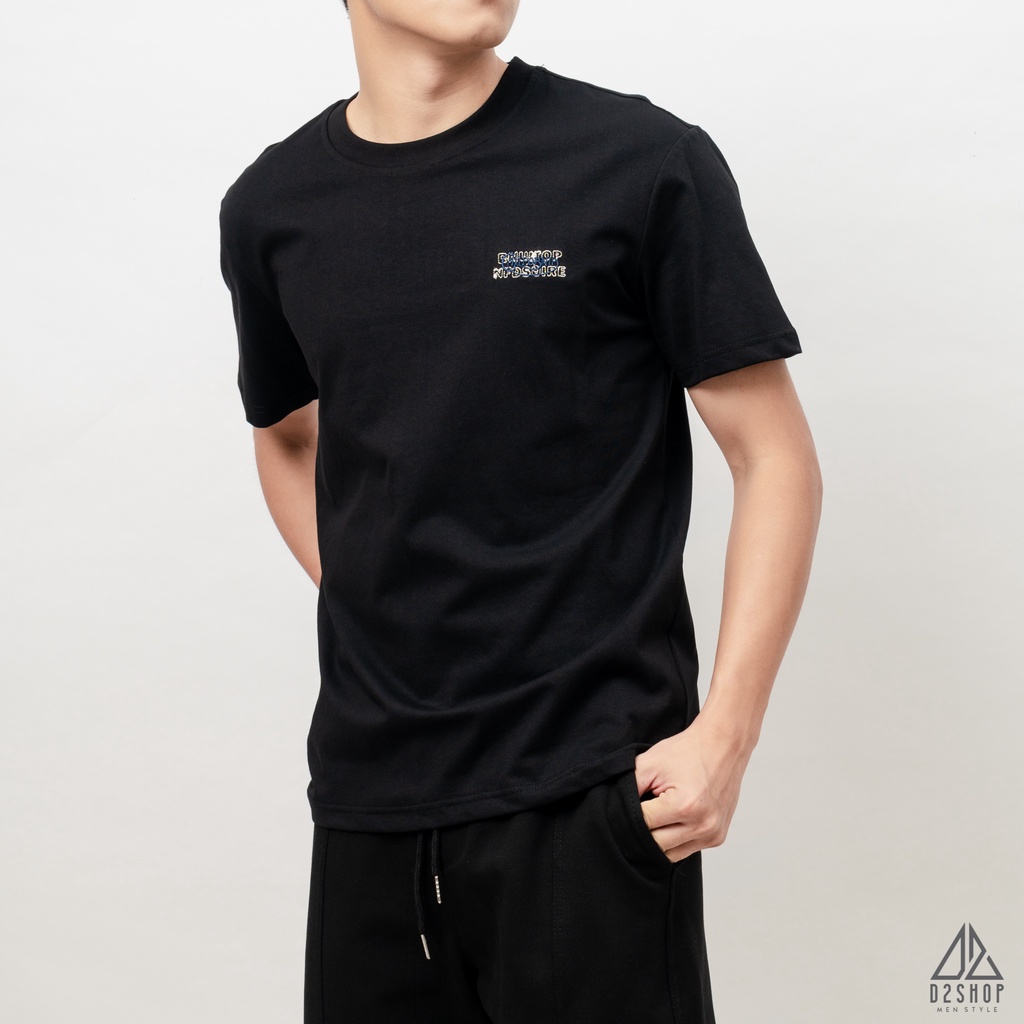 Áo thun D2shop, áo thun cổ tròn đắp vải lưng CALIFORNIA, đắp vải , màu đen