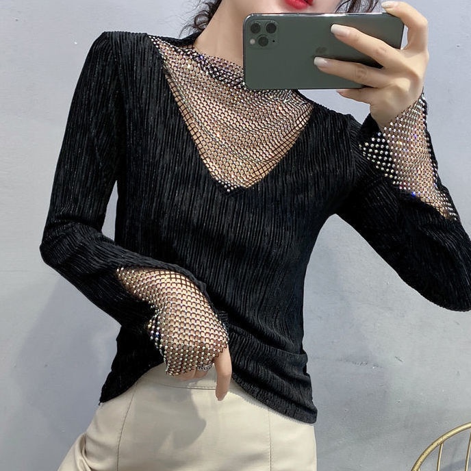 Áo thun tay dài phối lưới đính đá thời trang xuân thu dành cho nữ 2021