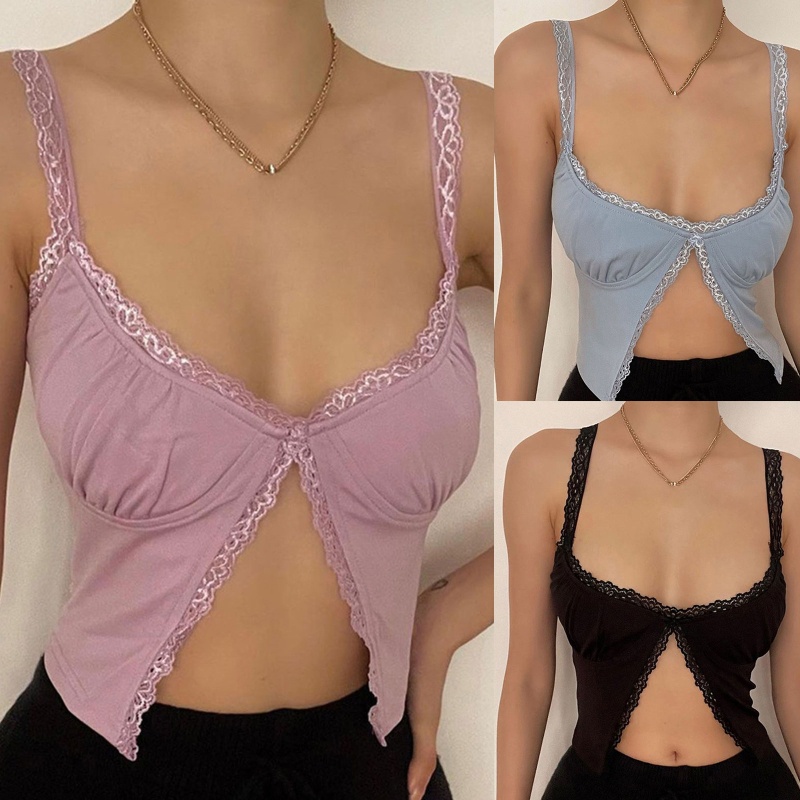 Áo Croptop Hai Dây Dáng Ôm Cổ Chữ U Viền Ren Thời Trang Mùa Hè Cho Bạn Gái