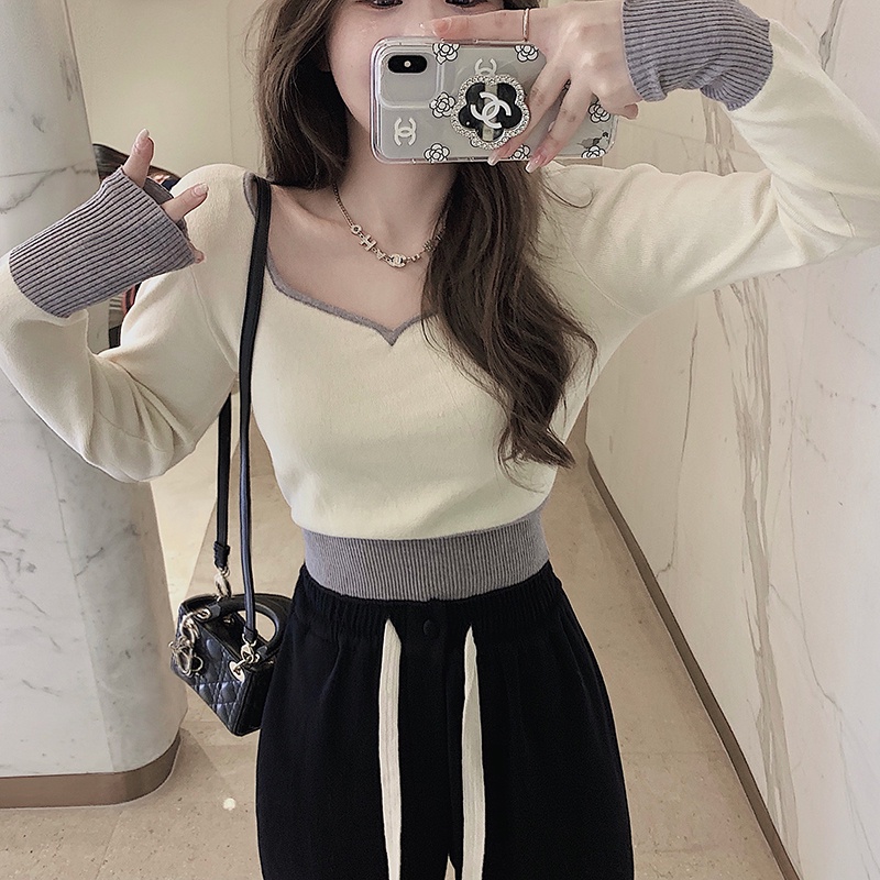 Áo ZHELIHANGFEI dệt kim giả hai mảnh tay dài eo cao đa năng quyến rũ