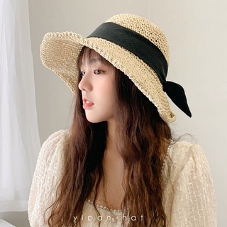 Mũ cói vành cụp nơ đen cho mẹ & bé