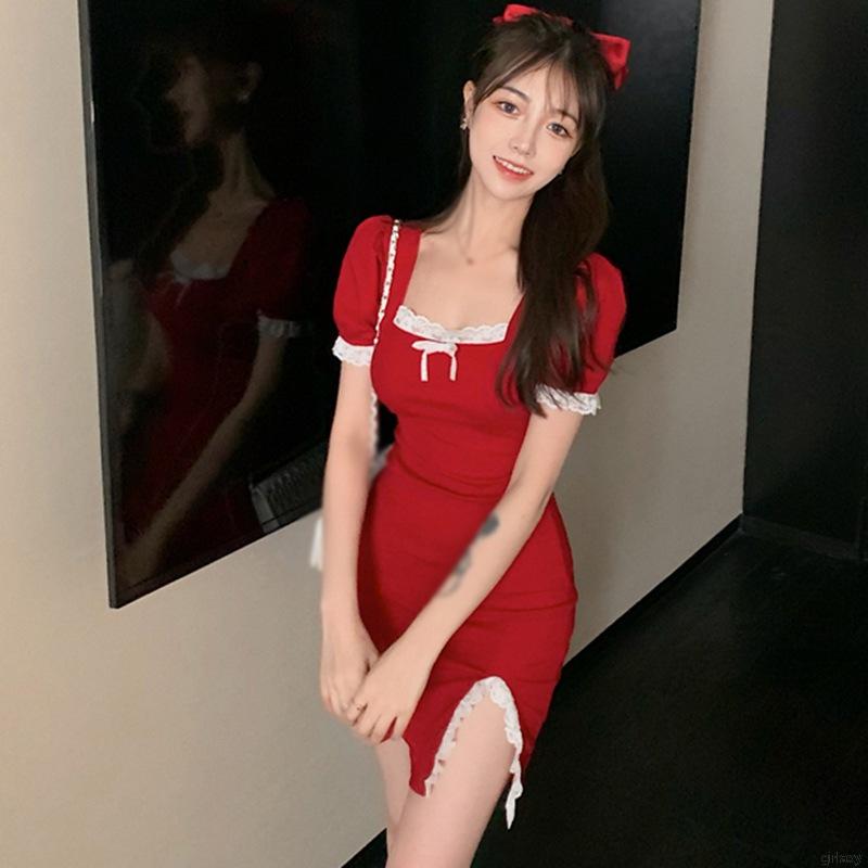 Đầm Tay Ngắn Phối Ren Thiết Kế Ôm Sát Tôn Dáng Thời Trang Theo Phong Cách Hàn Quốc