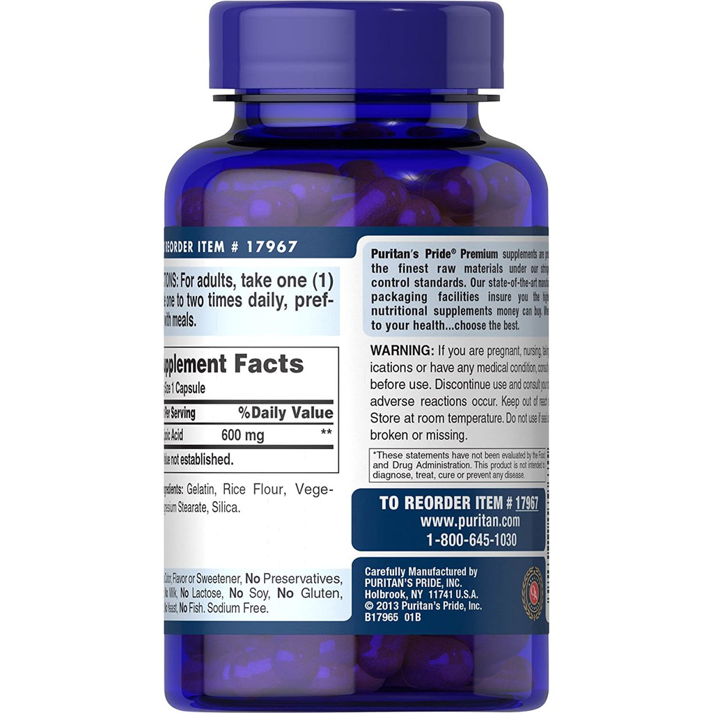 Viên uống đẹp da, chống lão hóa, ngừa tàn nhang Puritan's Pride Alpha lipoic acid 600mg 60 viên