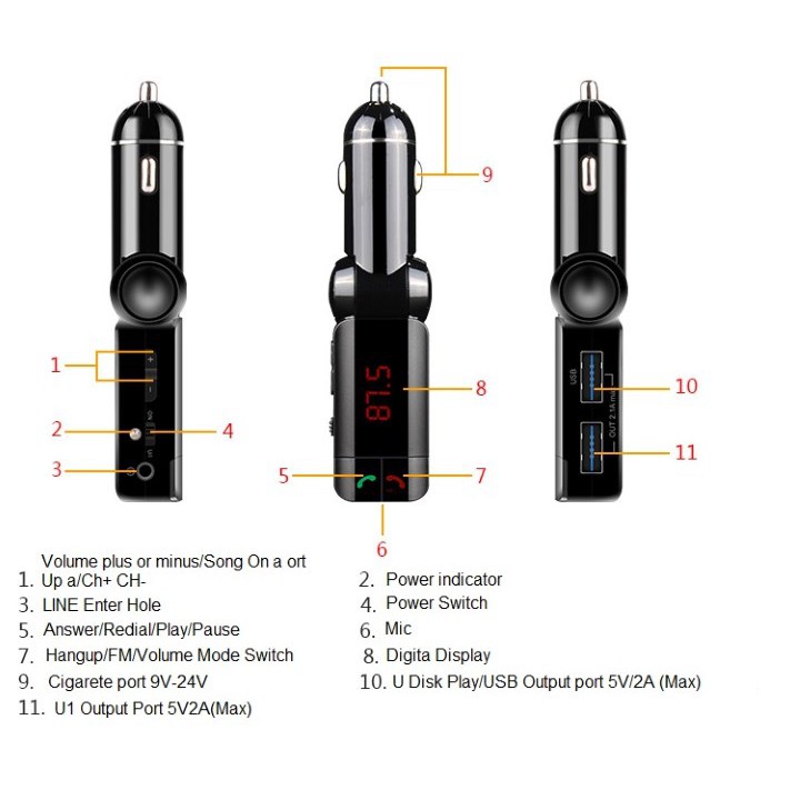 Tẩu Nghe Nhạc Mp3 Không Dây Bluetooth Trên Ô Tô Cao Cấp Kiêm Sạc Điện Thoại