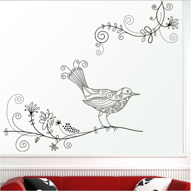 Decal dán tường / kính cao cấp - Chim Hoa văn tinh tế ( 60x58 )