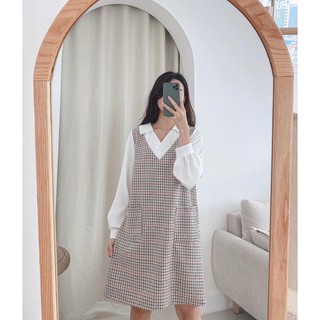 Váy suông kẻ cổ trắng