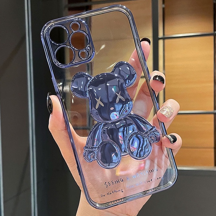 Ốp điện thoại hình gấu 3D mạ vàng hồng/xanh/tím cho iPhone 13 ProMax 12 ProMax 11 X Xr XsMax 8 7Plus