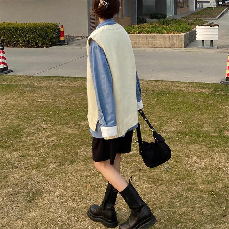 Áo sweater không tay cổ chữ V dáng rộng năng động thời trang phong cách Nhật Hàn