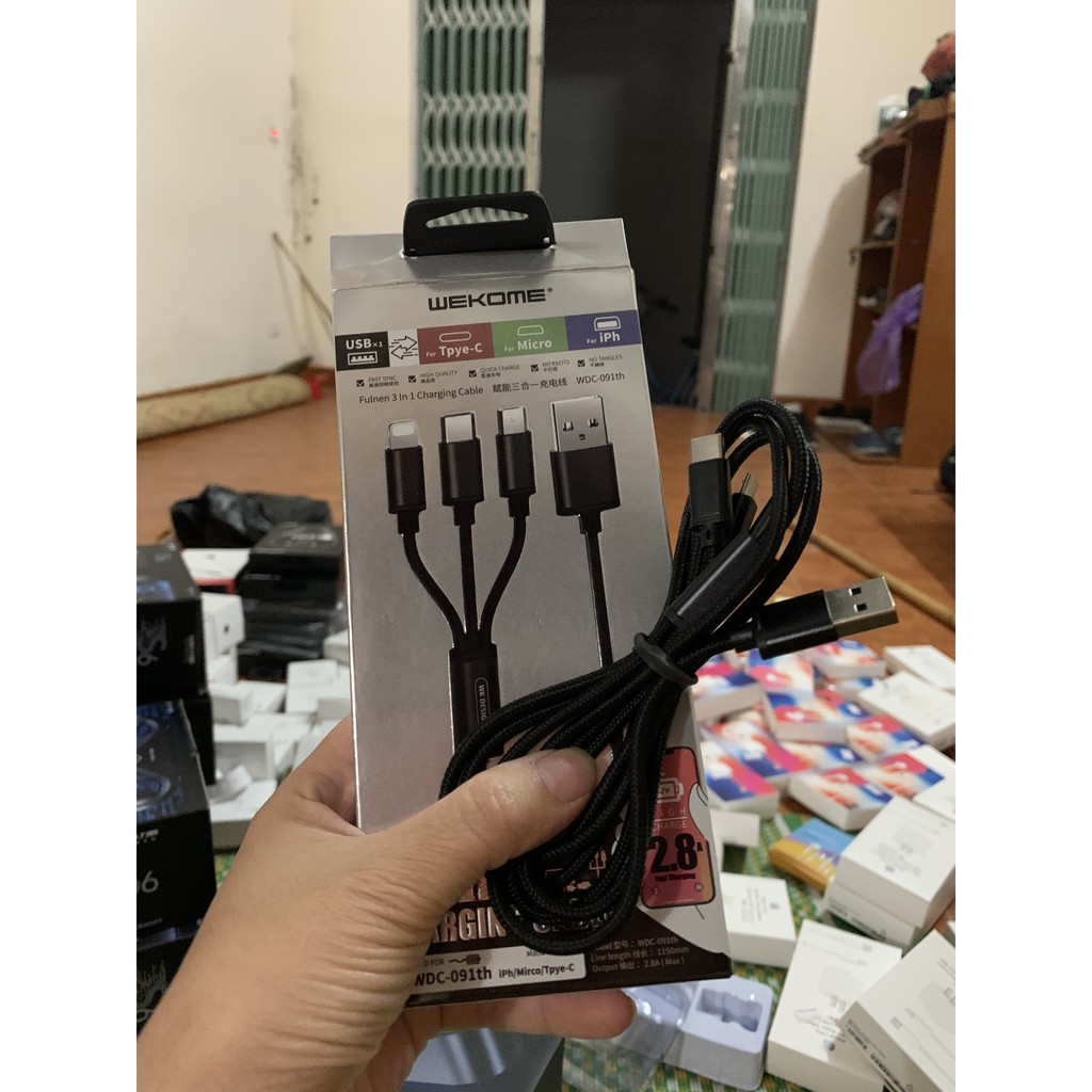 Cáp sạc 3 đầu wekome loại xịn hỗ trợ sạc nhanh