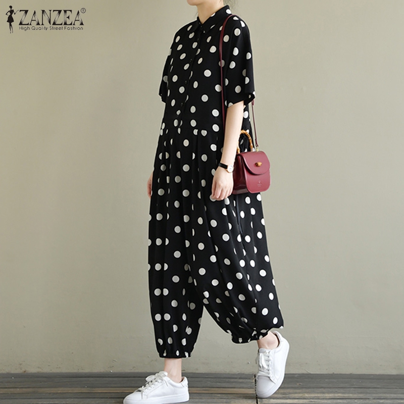 ZANZEA Jumpsuit Dài Họa Tiết Chấm Bi Cổ Điển Cho Nữ