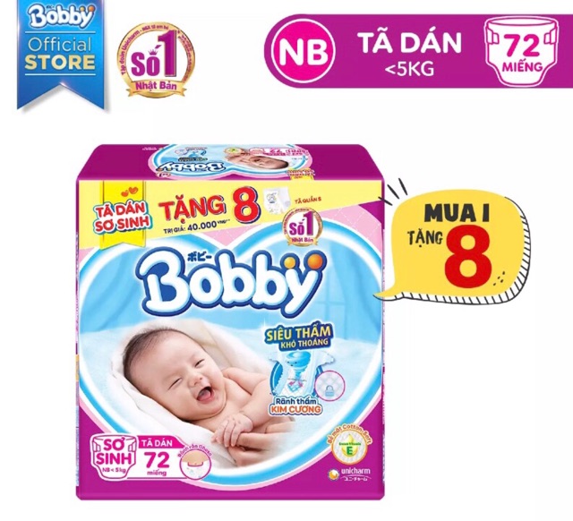 Miếng lót bobby newborn 1(108m)tặng 3 miếng xs/ bobby newborn / tã dán xs 72 tặng