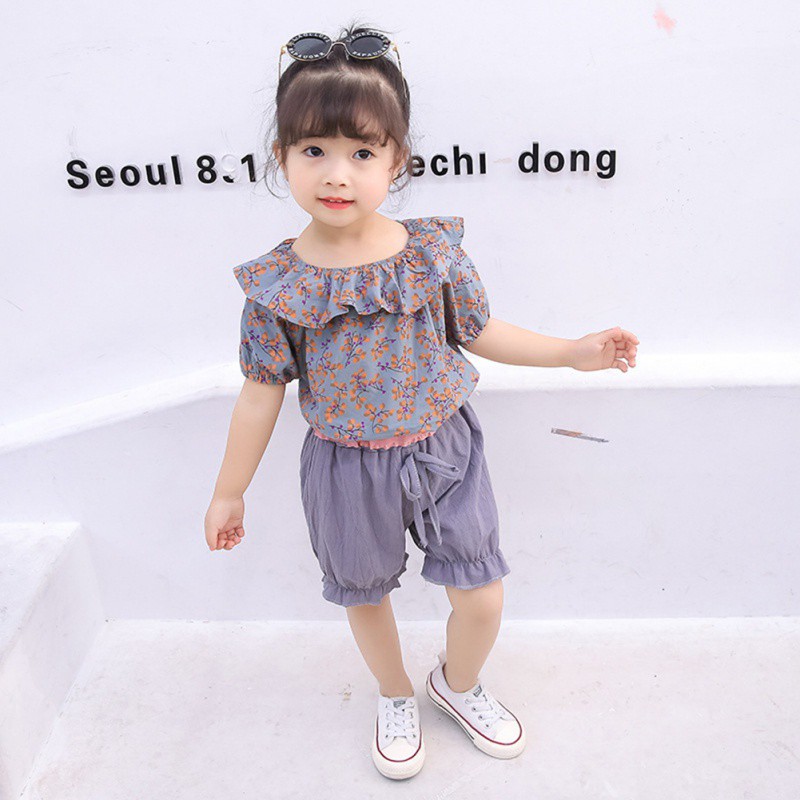 Set áo tay ngắn cổ bèo họa tiết hoa + quần short dễ thương cho bé gái