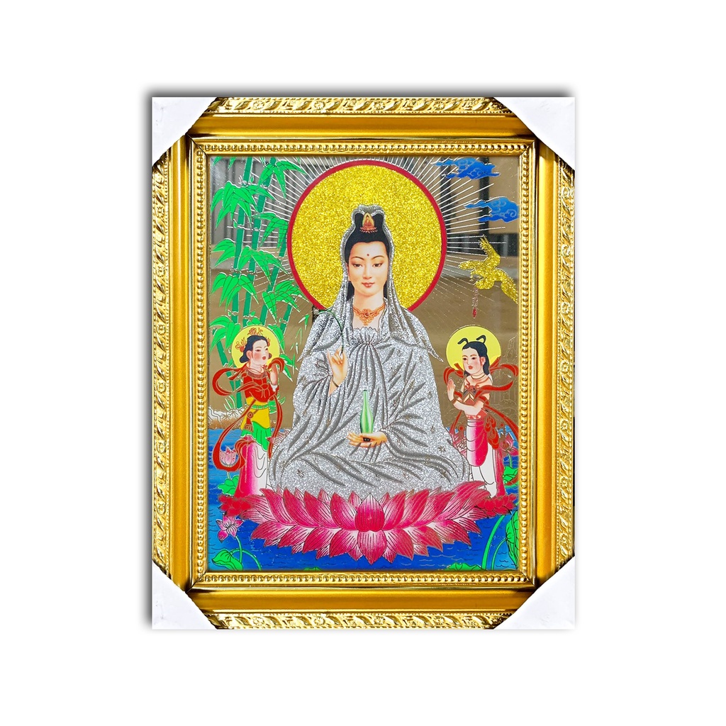 Tranh Kiếng Quan Âm ngồi đài sen - có hầu và không hầu - Nền Gương - Khung gỗ - cao từ 29cm tới 40cm
