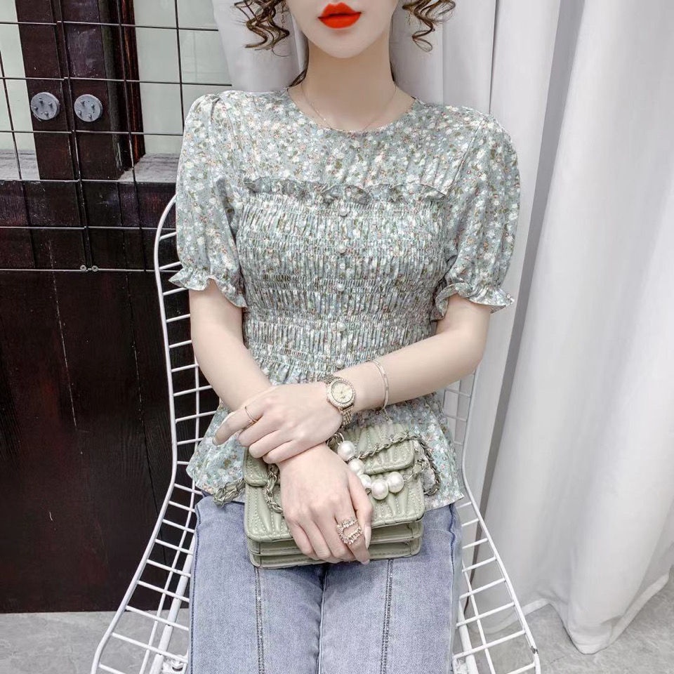 Áo Chiffon Hoa Ngắn Tay Xếp Ly Thời Trang Phương Tây