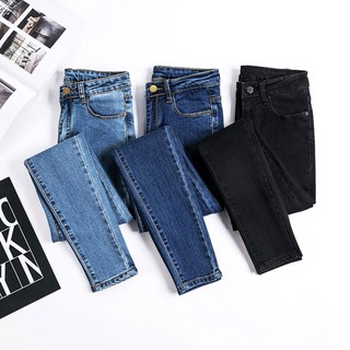 [Hàng Có Sẵn] Quần Jeans Denim Lưng Cao Dáng Ôm Siêu Co Giãn Màu Trơn Phong Cách Hàn Quốc Cổ Điển Dành Cho Nữ