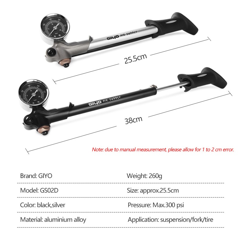 GIYO GS-02D Bơm hơi áp suất cao cho xe đạp có thể gập lại 300psi với đòn bẩy & đồng hồ đo cho phuộc và hệ thống treo sau xe đạp leo núi