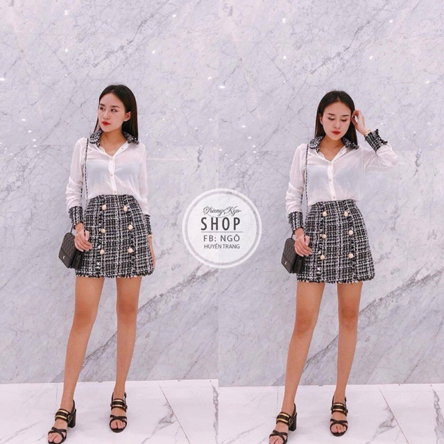 Set áo sơmi cải dạ và chân váy dạ kẻ