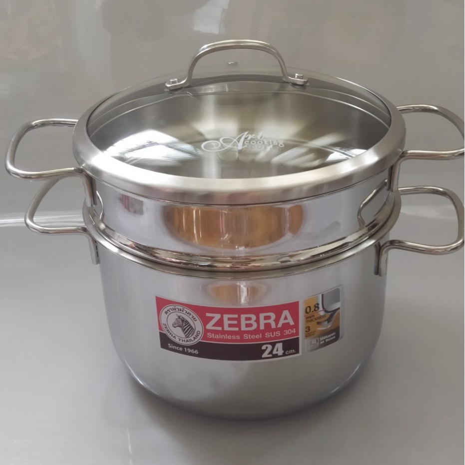 Bộ nồi xửng hấp Zebra inox 304 , nhập khẩu Thái Lan 24cm ( 6.2L ) nắp kính , 3 đáy dùng được bếp từ , hống ngoại , gas