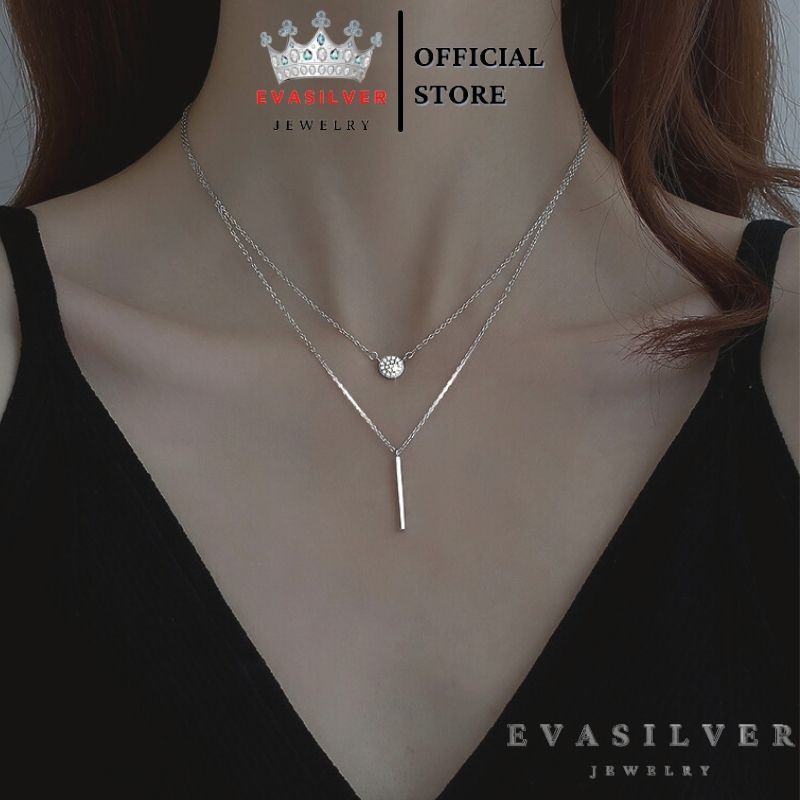 Dây chuyền bạc nữ cao cấp dạng 2 sợi lồng nhau, mặt thanh tròn và thanh đinh