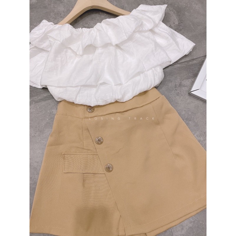 [Siêu Hot] Set Trễ Vai Áo Trắng Mix Chân Váy Kaki Có Ảnh Thật Kèm Video | BigBuy360 - bigbuy360.vn