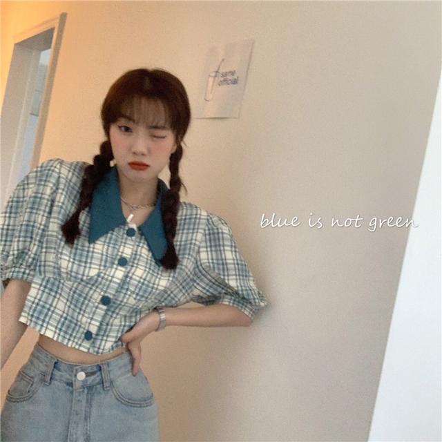Áo Sơ Mi Tay Ngắn Phồng Cổ Búp Bê Họa Tiết Kẻ Sọc Thời Trang Mùa Hè 2022 Mới Phong Cách Hàn Quốc Cho Nữ