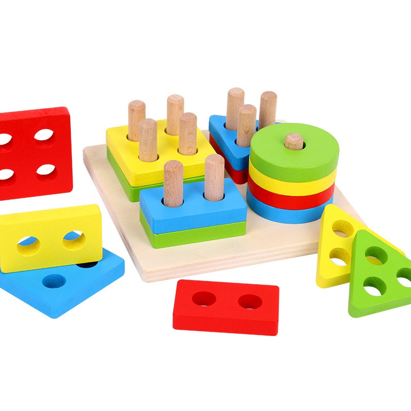 [Size 13x13cm có hộp] Đồ chơi gỗ montessori thả hình khối 4 cọc cho bé