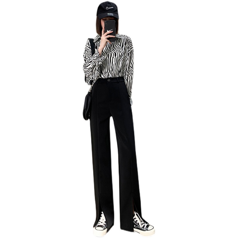 Front slit suit pants women's summer split wide leg pants straight loose spring and autumn trousers