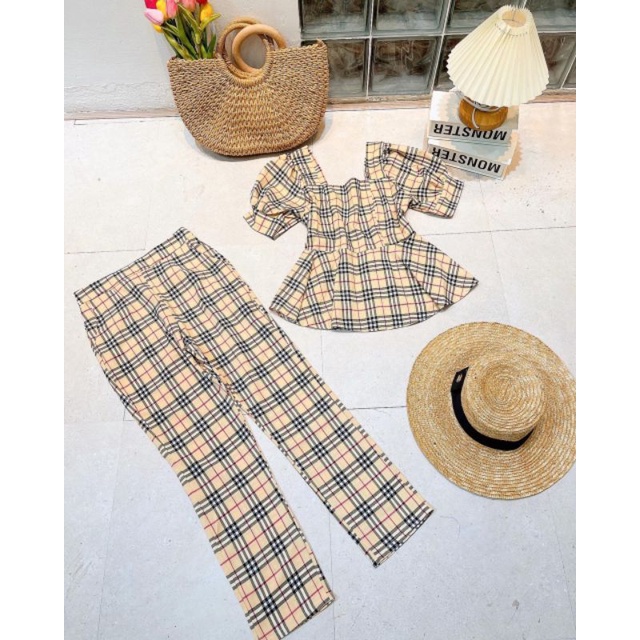 Set bộ caro burberry áo cổ vuông tay phồng tùng xoè quần dài ống suông ôm bigsize 40-72kg