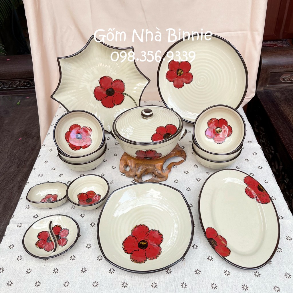 Bộ bát đĩa sứ Bát Tràng cho gia đình - Hoạ tiết hoa đỏ - Set 14 món