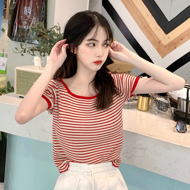 Áo Thun Dệt Kim Ngắn Tay Cổ Vuông Kẻ Sọc Cá Tính Thời Trang