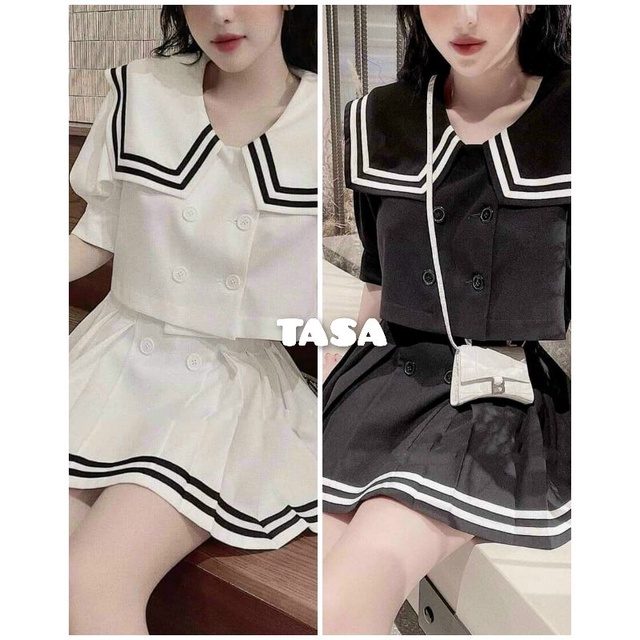TTO-Ảnh thật - set áo croptop dáng thủy thủ mix chân váy ngắn xếp li - set bộ thủy thủ tiểu thư chất đũi mát (đen, trắng