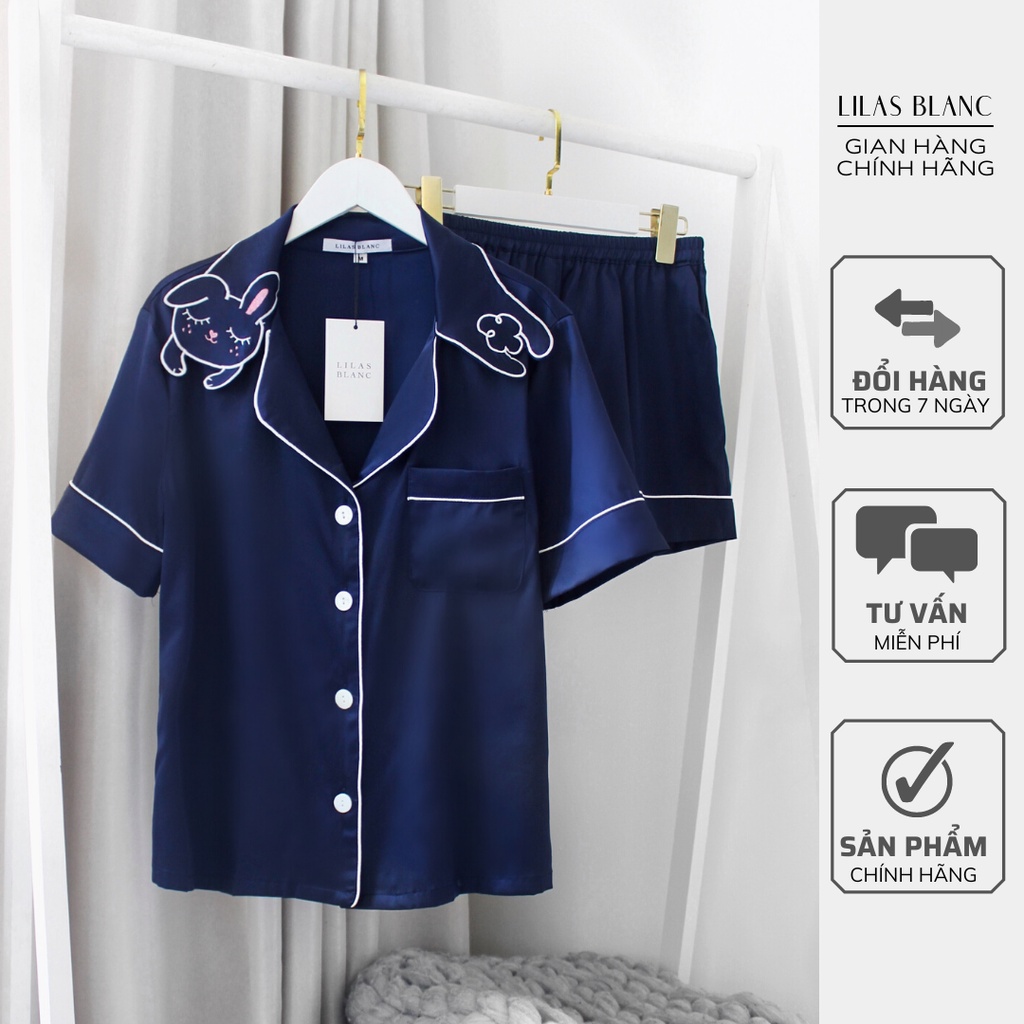 Pyjama Lụa Nữ 𝐋𝐈𝐋𝐀𝐒 𝐁𝐋𝐀𝐍𝐂 Thiết Kế Cổ Thêu Mặt Thỏ Ngủ | Kiểu Dáng Áo Ngắn Tay Kèm Quần Ngắn | Màu Xanh Navy | Bunny Pjs