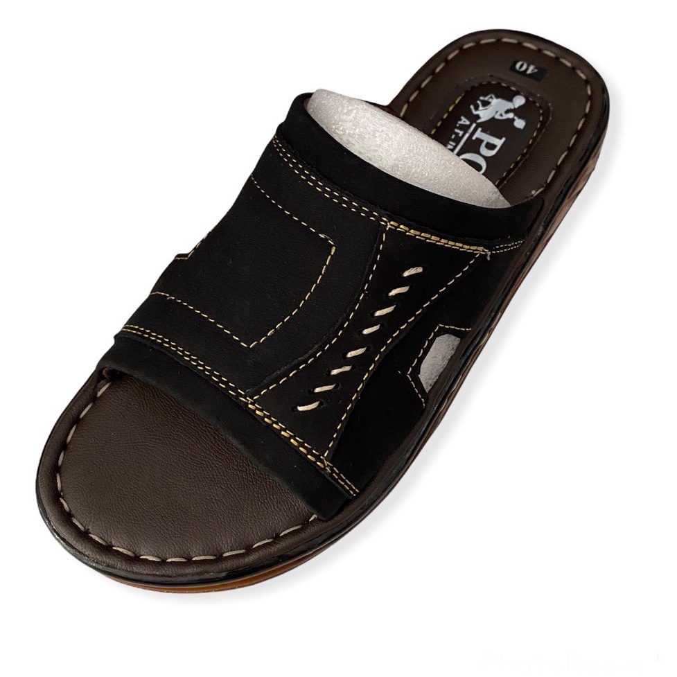 Dép da nam cao cấp đế khâu viền màu đen ms 011