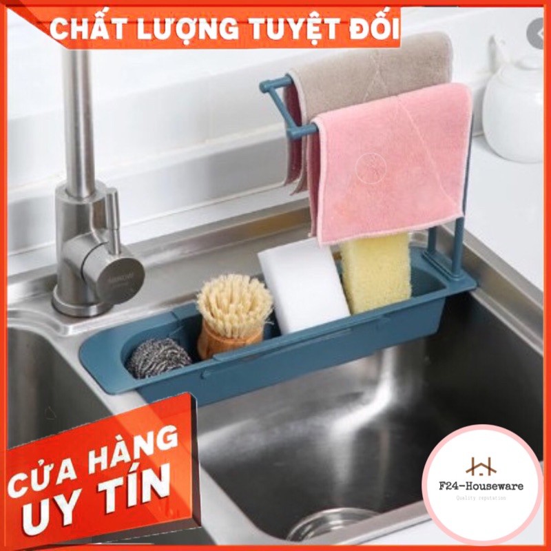 Kệ co giãn gác bồn rửa bát đựng nước rửa chén, cọ xoong nồi có rãnh thoát nước, kèm thanh phơi khăn lau nhanh khô