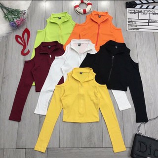 Áo Croptop Crt Thun Gân Kiểu Khoét Hở Vai Tay Dài Có Dây Kéo-Áo Hở Ngực Dài Tay Hàn Quốc Sexy Ôm Body Màu Đen Trắng Cam