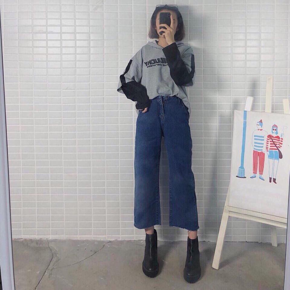 Quần Jeans Nữ Ngố Ống Rộng Tua Rua Chất Jeans Cao Cấp