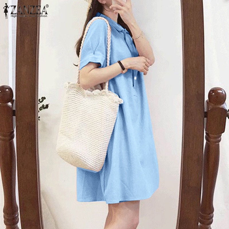 Đầm Zanzea tay ngắn cổ bẻ màu trơn thiết kế đơn giản thời trang cho nữ