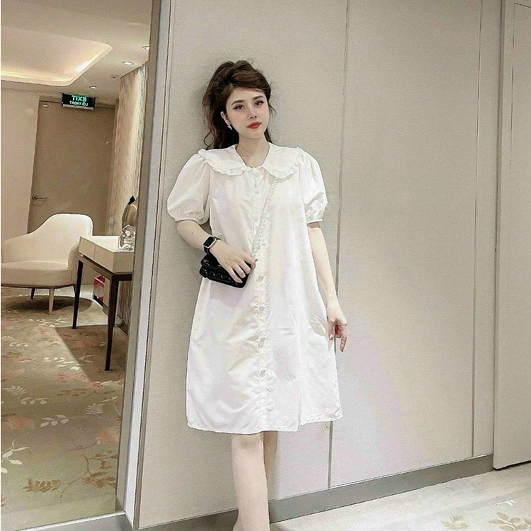 Đầm dài công sở cổ bèo váy ngắn tay dáng suông chất đũi lụa | BigBuy360 - bigbuy360.vn