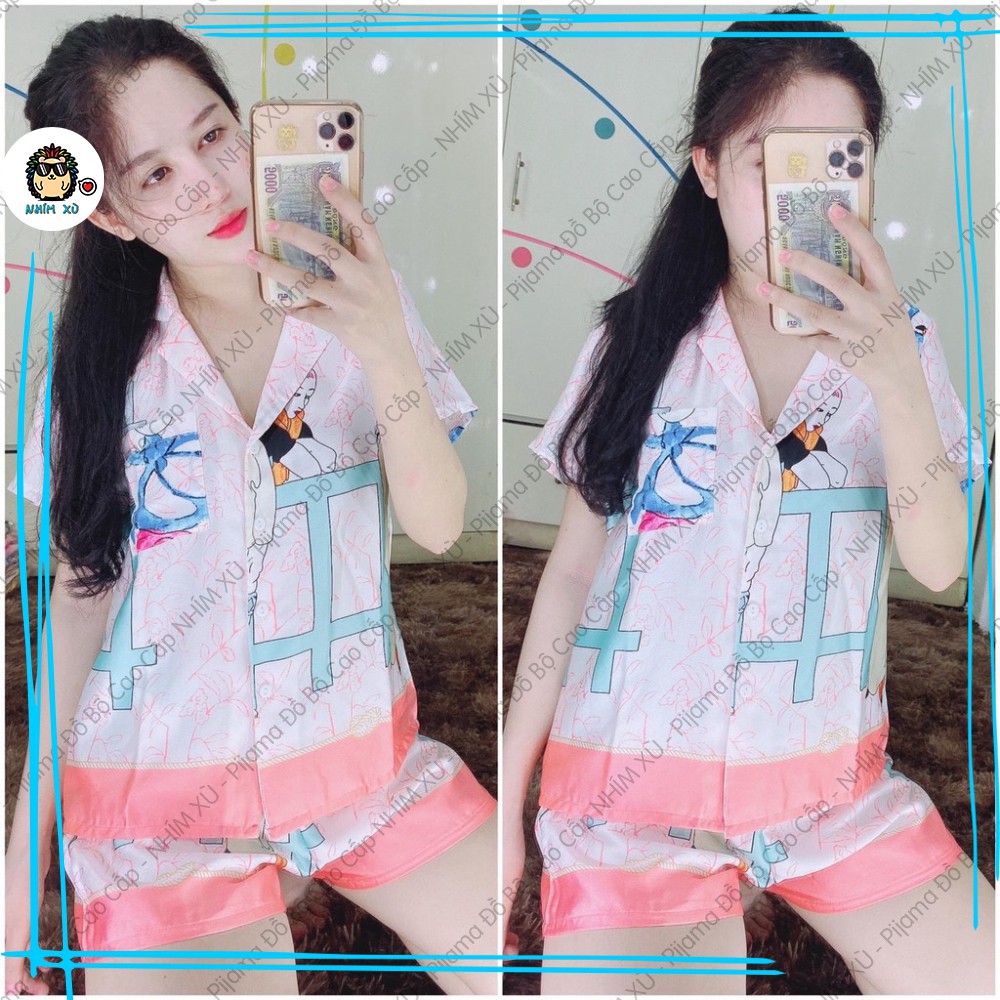 Đồ Bộ Ngủ Pijama Mặc Nhà Áo Tay Ngắn Quần Ngắn Vải Satin Cao Cấp Phối Họa Tiết Lá đơn giản