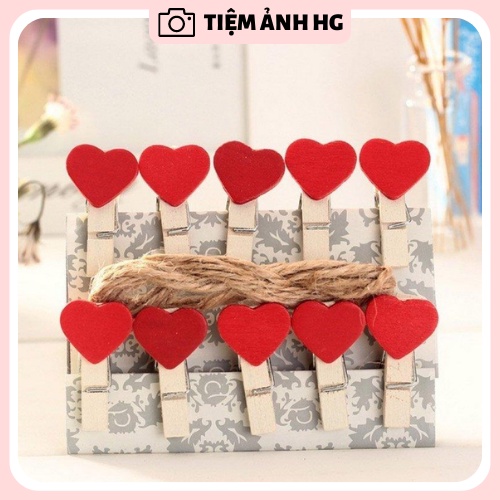 Combo 10 kẹp gỗ hình trái tim tặng dây treo ảnh