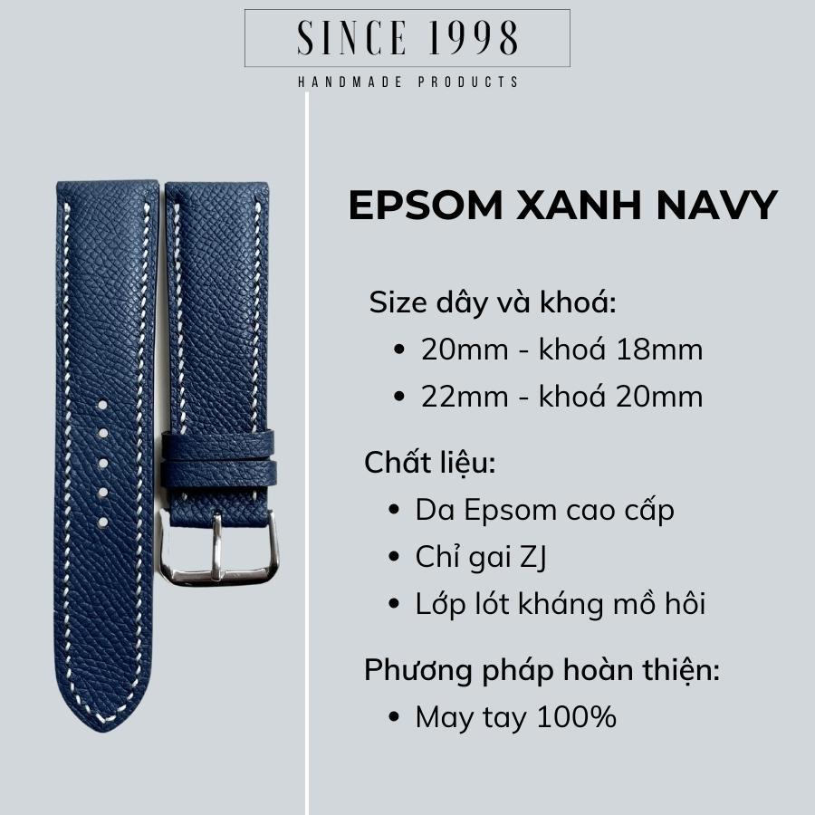 Dây Đồng Hồ Da Bò Nam 20mm 22mm, Da Thật, Handmade, Chống Nước, Chính Hãng, Màu Xanh Epsom, Bảo Hành 12 Tháng