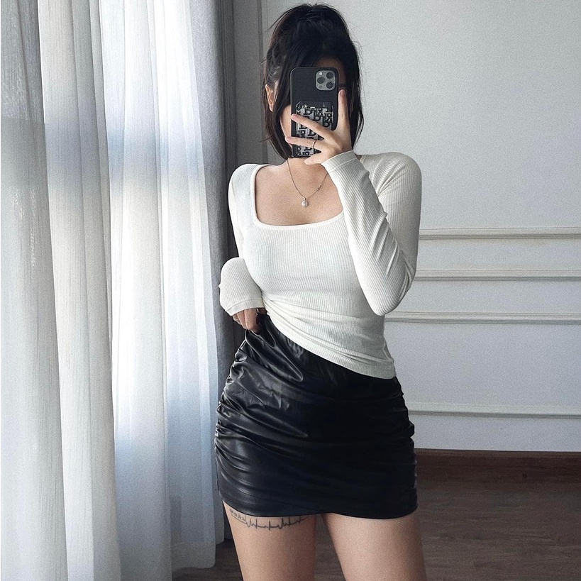 Áo croptop cổ vuông nữ cổ vuông dài tay vải tăm co giãn