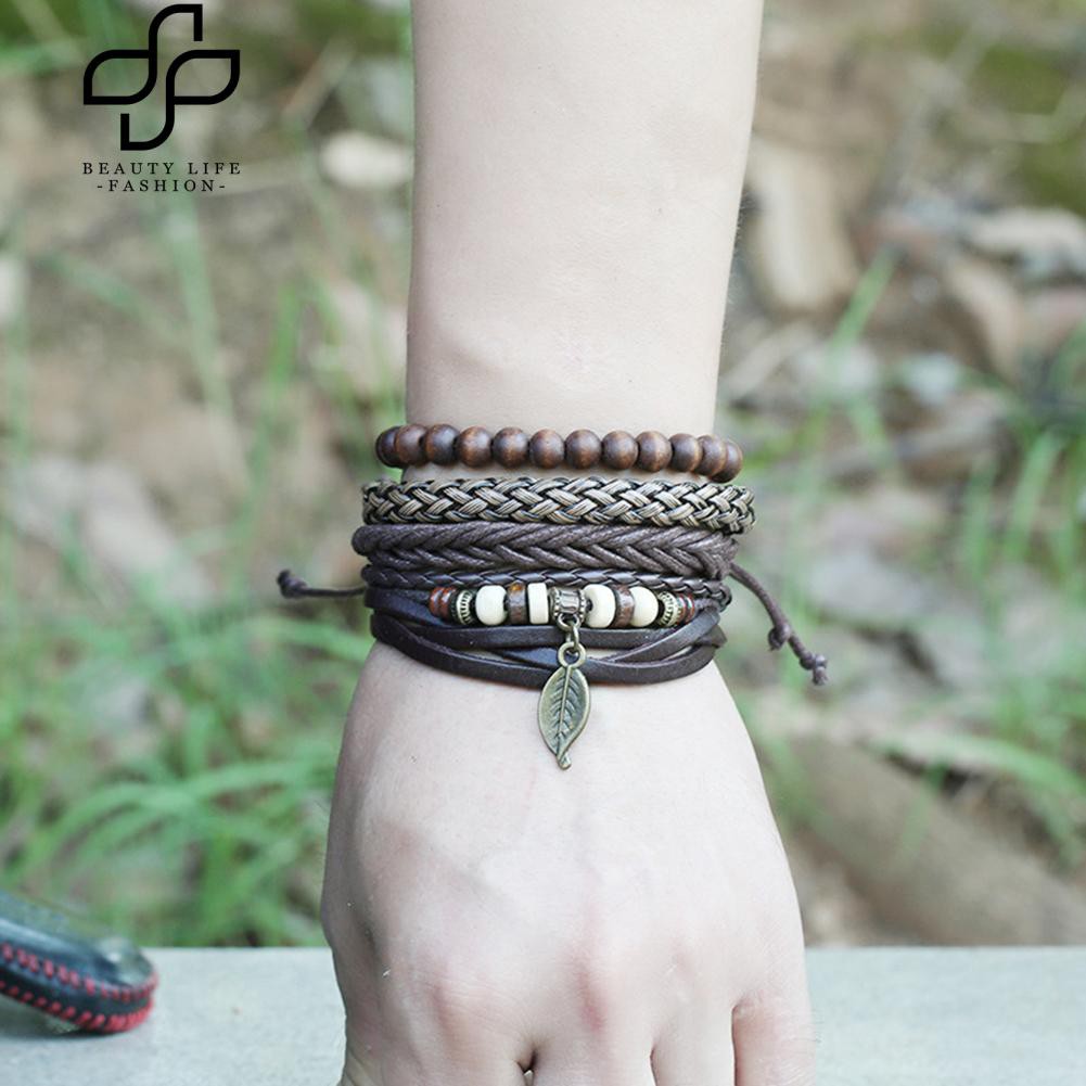 Bộ vòng tay 4 chiếc bằng da nhiều lớp dạng dây bện có mặt dây hình chiếc lá thời trang dành cho nam giới