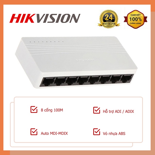 Switch Mạng 8 Cổng 100M Chính Hãng HIKVISON,chuẩn 802.3u/x. Hỗ trợ ADI/ ADIX,chuyển đổi lưu trữ DS-3E0108D-E