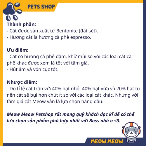 Cát vệ sinh cho mèo Meow Cat hương cà phê | Túi 8L ~ 3.7KG | Cát mèo vón cục thấm hút và khử mùi tốt.