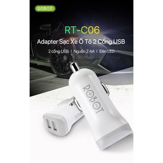 Adapter sạc xe ô tô 2 cổng usb robot rt-c06 trắng