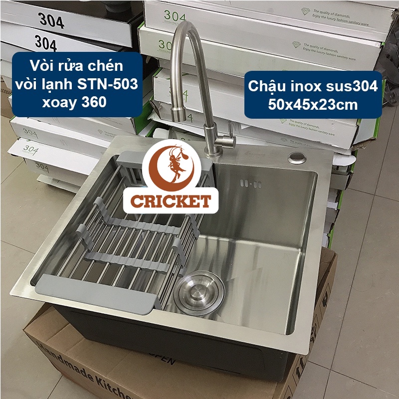 Chậu rửa chén đúc SENTANO (KB5045D) - 50x45cm (1 HỘC) đáy vuông INOX SUS304 - Kèm bộ xả chống hôi