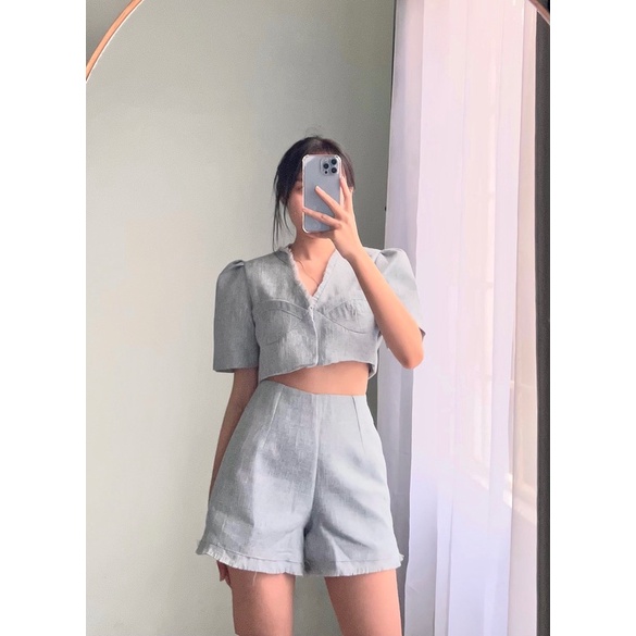 [Sẵn S] Set Áo Dạ Tay Bồng + Quần Đùi Dạ Tua Rua Set Dạ Croptop Xanh Nhạt (Ảnh thật) | BigBuy360 - bigbuy360.vn